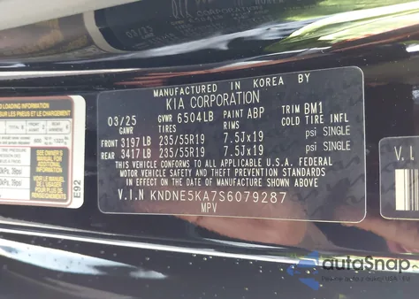 2025 Kia Carnival Mpv Hybrid Sx z USA, uszkodzony, nr VIN KNDNE5KA7S6079287